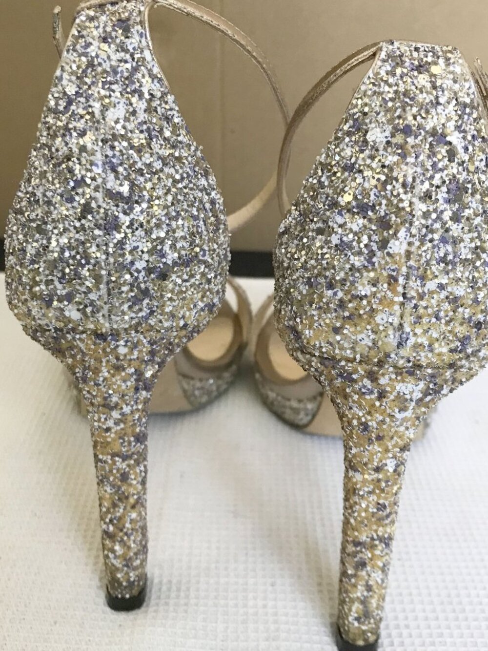 JIMMY CHOO Misty Metallic Glitter Sandal in Champagne, size 38 (US 8), Imperfect - Picture 7 of 16